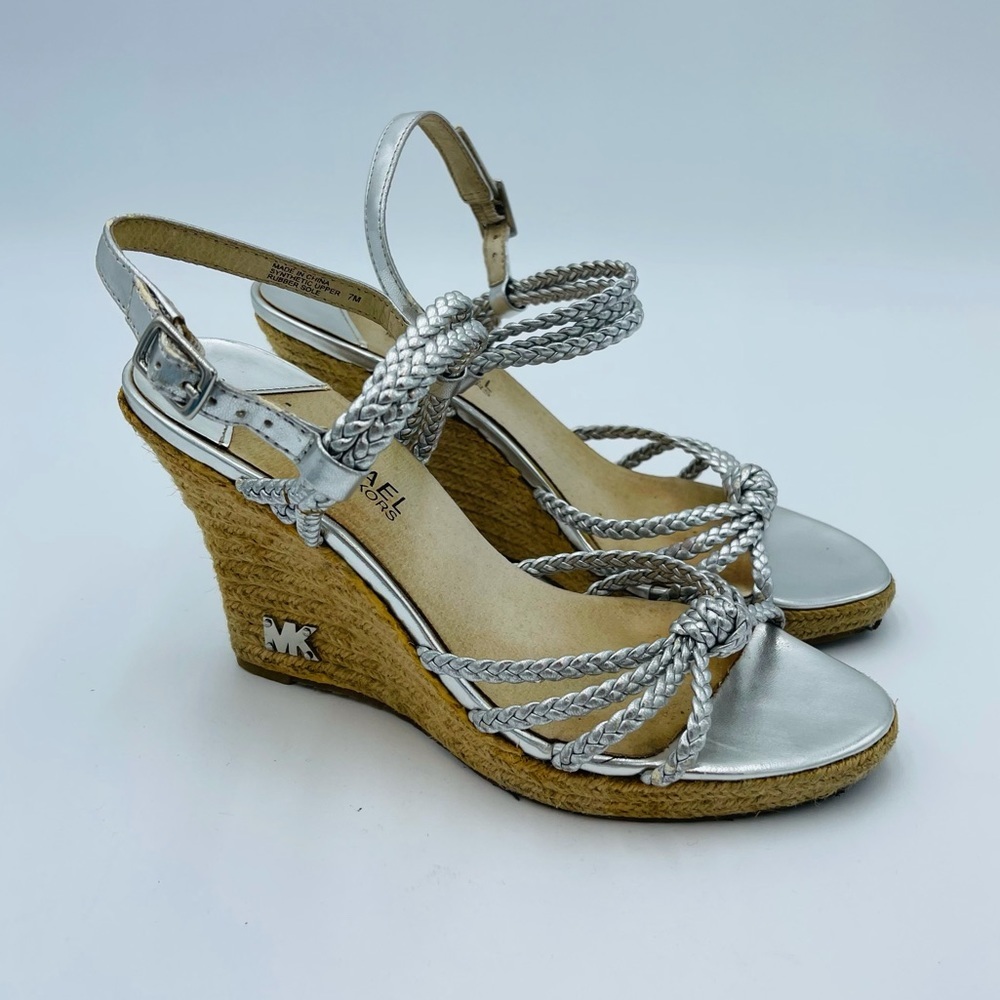 Michael Kors Silver Breaded Multi Strap Ankle Espadrilles Wedges